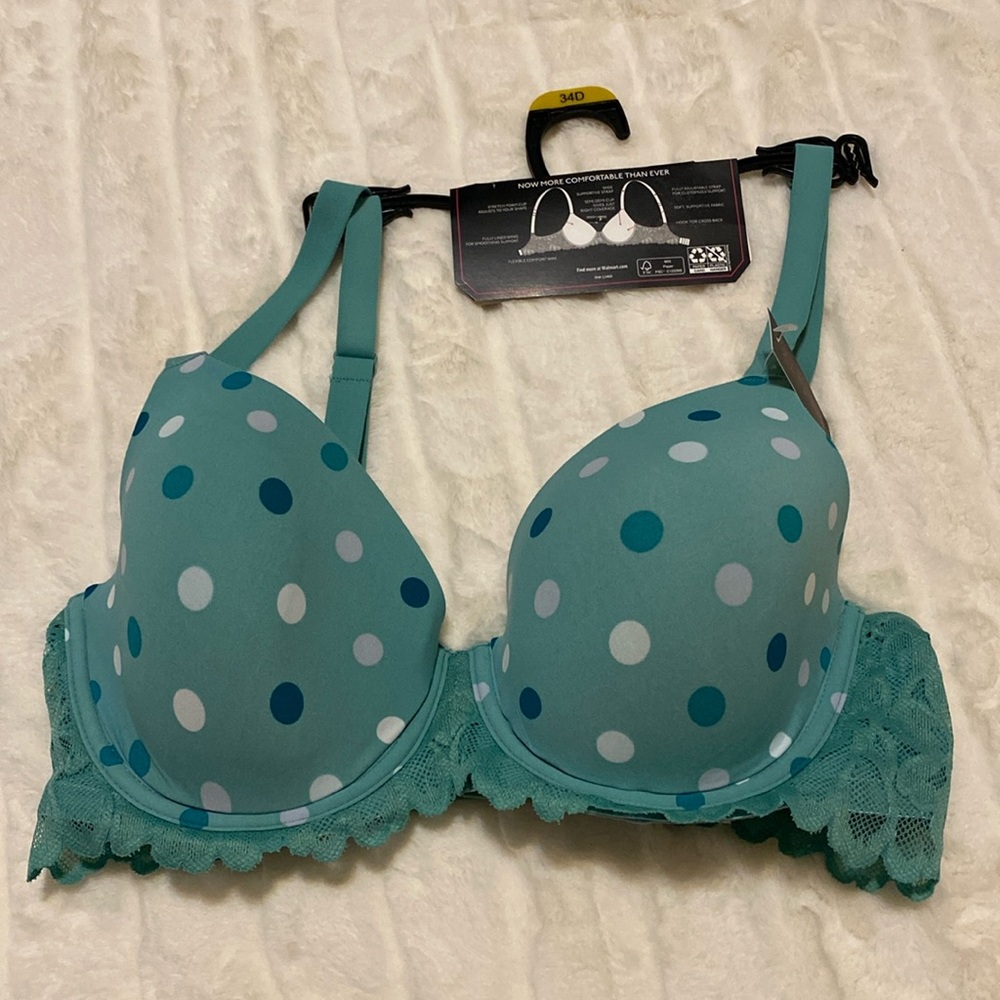 NWT No Boundaries Green Polka-dot Padded Underwire TShirt Bra Size 34D